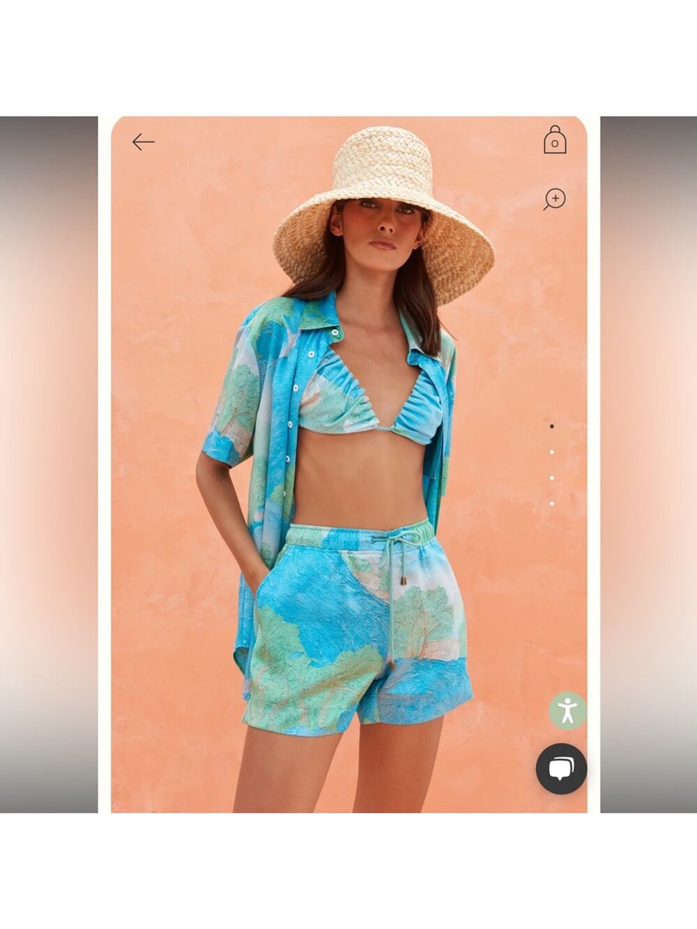cult gaia rayn blue & green landscape printed button up silk shirt blouse top